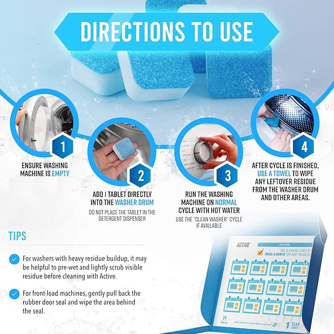 ACTIVE Washing Machine And Dishwasher Cleaning Tablets Bundle - Includes 12 Month Supply Dishwasher Cleaner Deodorizer & Washing Machine Descaler Deep Cleaning Tablets - 48 Tablet Set