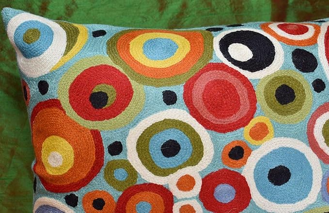 Lumbar Polka Dots Pillow Cover Turquoise Contemporary Decorative Pillowcase Blue Modern Outdoor Chair Cushion Couch Boho Cushions Hand Embroidered Cushions Wool Size - 14x20