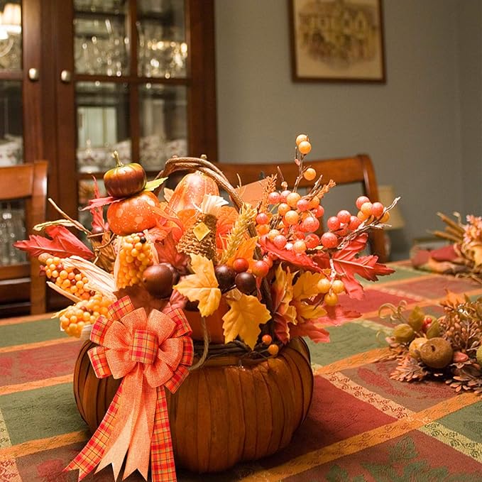 Iceyyyy 3Pcs Large Fall Thanksgiving Wreath Gift Bow -18.8x10.6inch Orange Buffalo Plaid Check Wreath Swag Bow Wreath Pre-Tied Bow for Fall, Thanksgiving, Christmas, Home Indoor Outdoor Ornaments