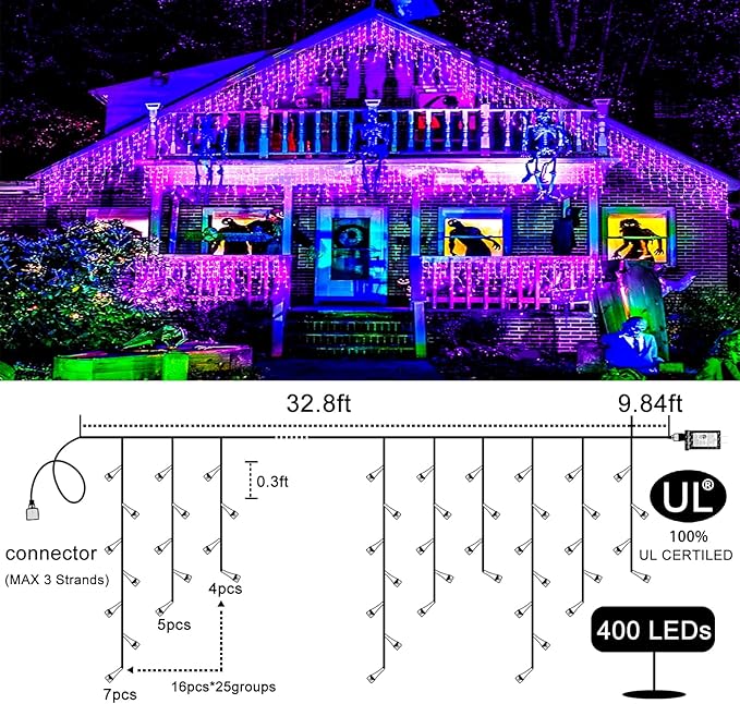 640 LED Halloween Lights Outdoor - 66ft Icicle Lights for Outside 8 Modes with 120 Drops, Waterproof Christmas Icicle Light Plug in for Indoor Outside Party Holiday Christmas Halloween Decorations