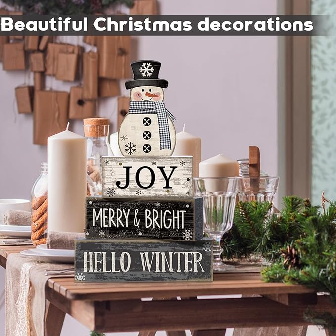 4 Pcs Snowman Christmas Decor Winter Table Decorations Christmas Tiered Tray Decor Winter Centerpiece Decorations Indoor Rustic Wooden Snowman Block Sign Gift Farmhouse for Home Kitchen