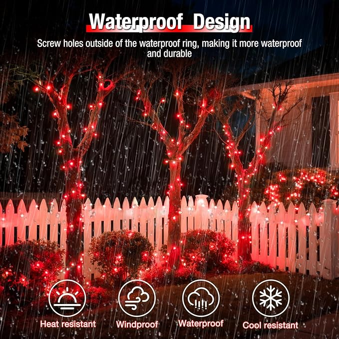 4 Pack Solar String Lights Outdoor - 320LED 132FT Solar Fairy Lights Waterproof 8 Modes, Copper Wire Solar Powered Twinkle Lights for Outside Tree Garden Christmas Wedding Party Decor, Red