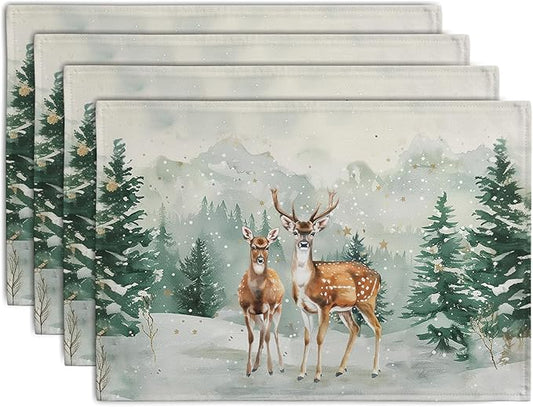 Christmas Watercolor Deer Trees Snowflakes Placemats Set of 4 Winter Rustic Nature Forest Linen Table Mat 12x18 Inch Seasonal Farmhouse Washable Place Mats for Dining Table Kitchen Xmas Decor