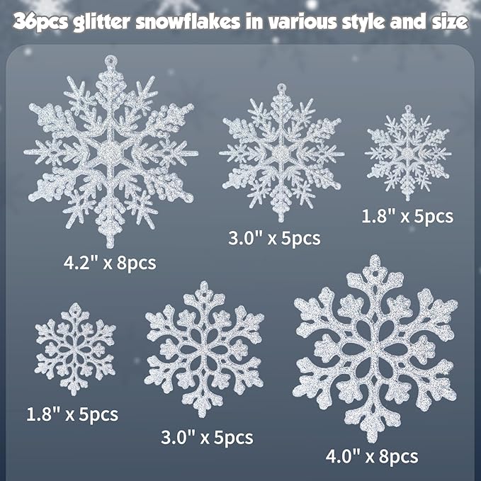 36pcs Christmas Silver Snowflake Ornaments Plastic Glitter Snow Flakes Ornaments for Winter Christmas Tree Decorations Size Varies Craft Snowflakes