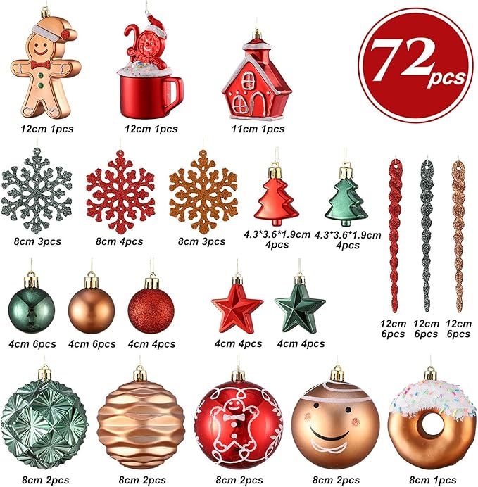 Gingerbread Man Christmas Tree Ball Ornaments Set - 72 ct Red Green Copper Gold Plastic Shatterproof Hanging Ornaments for Xmas Tree Indoor Outdoor Holiday Party Decorations