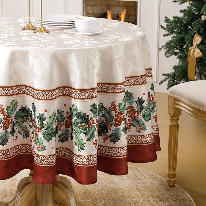 Softalker Christmas Jacquard Round Tablecloth, Winter Vintage Holly Waterproof Table Cloth, Xmas Farmhouse Fabric Table Cover for Holiday, Dining, Party Decor, Holly 70 Inch