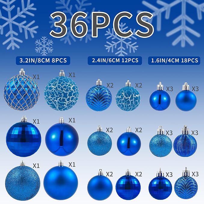 LANGXUN 36pcs Blue Christmas Tree Decorations Balls, Bolas De Navidad, 2025 Christmas Decor, Indoor Outdoor Shatterproof Christmas Ornaments, Xmars Party Wedding Suppiles