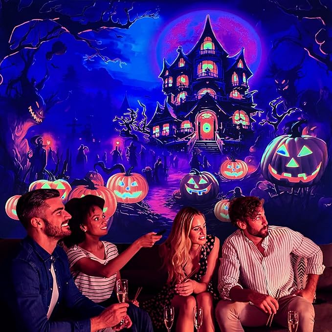 OSVINO Blacklight Halloween Castle Tapestry 90"x70" Pumpkins Ghosts Background Bedroom Aesthetic Hippie Room Decor Glow in The Dark Wall Poster for Halloween Easter