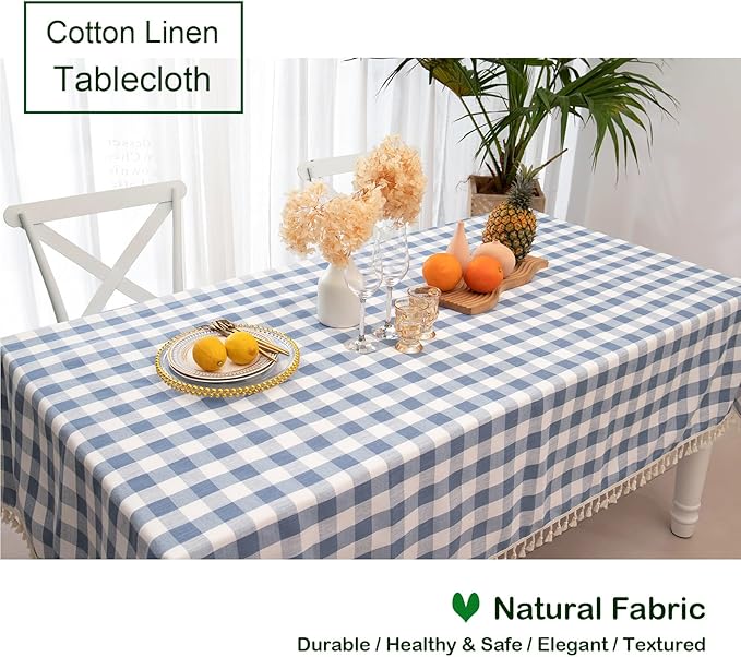 Checkered Tablecloth Rectangle, Heavy Weight Cotton Gingham Table Cloth Plaid Table Cover for Spring Summer Picnic Kitchen Dinner Restaurant Outdoor Easter Party（55x84,Blue