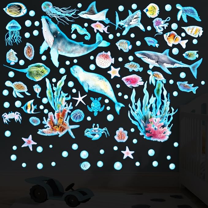 Glow in The Dark Ocean Wall Decals, 4 Sheets Underwater Sea Animal Stickers (Dolphin, Turtle, Jellyfish), Self-Adhesive Kids Bedroom Decor for Boys & Girls, Blue Glow Nursery Wall Art (7.8x11.8in)