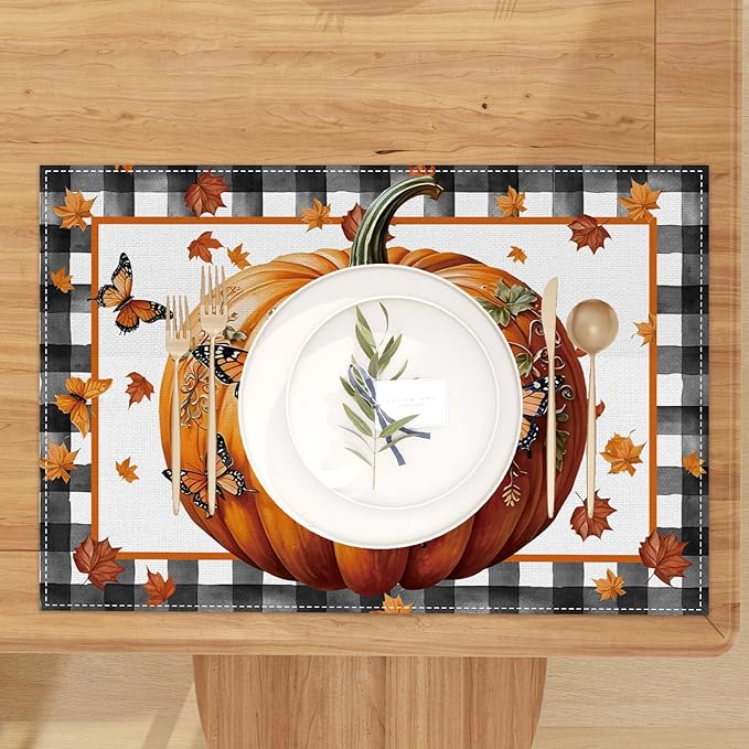 Linen Fall Placemats Set of 4 Fall Table Mats Farmhouse Pumpkin Butterfly Decor for Home Autumn Thanksgiving Home Kitchen Dining Room Table Decorations