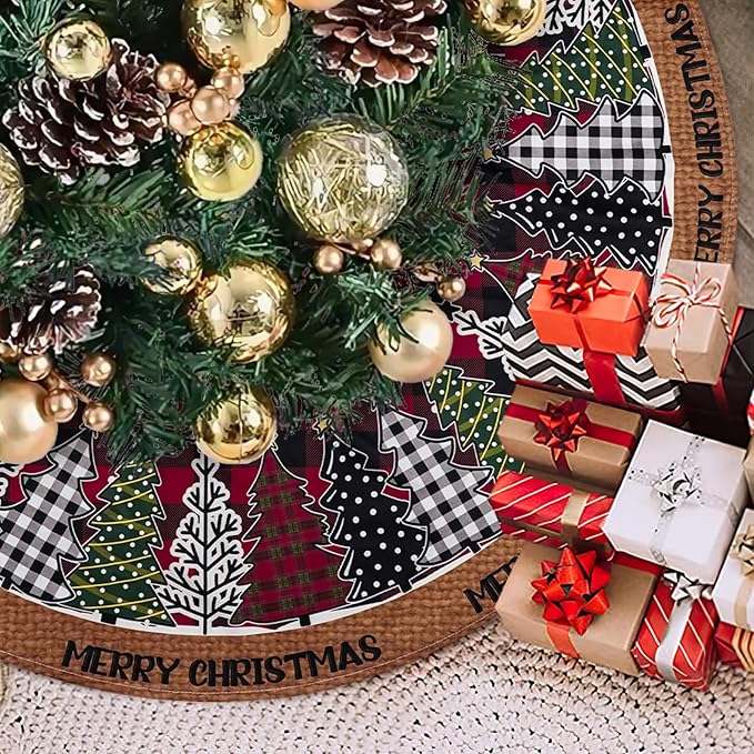 Christmas Tree Skirt 36 Inch, Red and Black Buffalo Plaid Xmas Tree Skirts, Winter Christmas Trees Mat for Home Party Holiday Indoor Outdoor Decorations