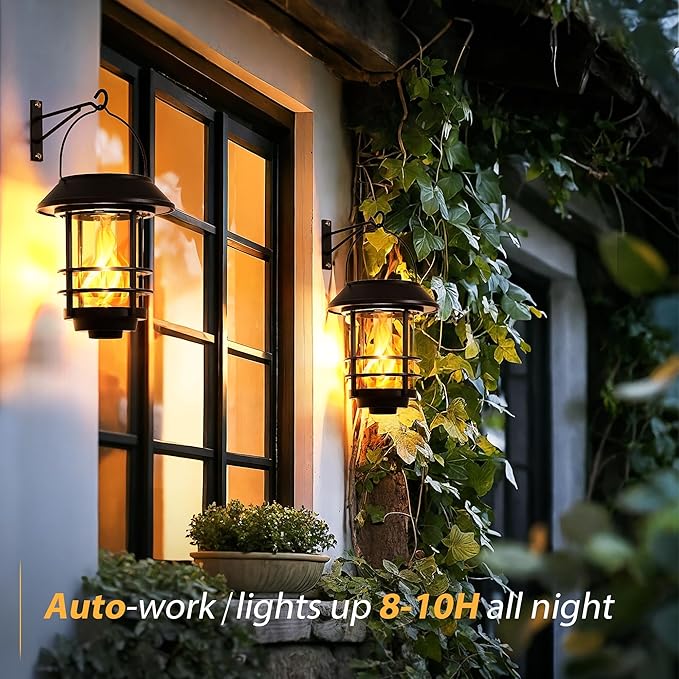 Otdair Solar Wall Lantern Outdoor, Flickering Flames Solar Sconce Lights Outdoor, Hanging Lamps Wall Mount for Front Porch, Patio and Yard, 4 Pack