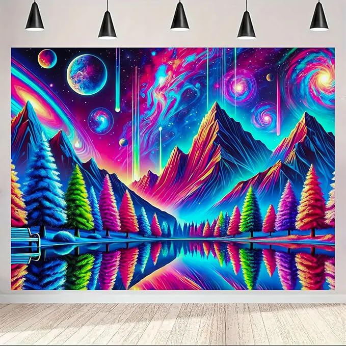 BlissYard Alien Galaxy Reflection UV Black Light Tapestry 78x59 Inches Art Color Neon Light Background Bedroom Living Room Wall Party Decoration Trippy Cosmic Trees Planet Lake Mountain View