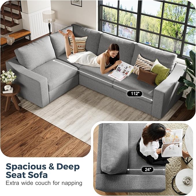112" Convertible Sectional Sofa, Large L Shaped Couch with Detachable Sofa Cover, Modular Couch for Living Room, Breathable Linen Fabric Corner Sofa for Apartment, Grey