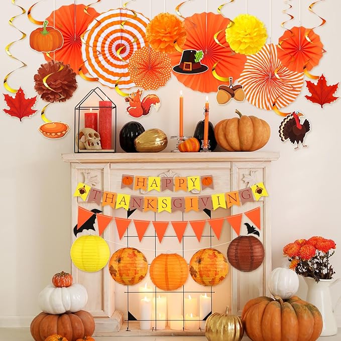 28 Pcs Fall Party Decoration Thanksgiving Party Supplies Include Happy Thanksgiving Banner Autumn Paper Lanterns Pom Pom Hanging Fans Bunting Garland Swirl Streamers for Fall Harvest Birthday