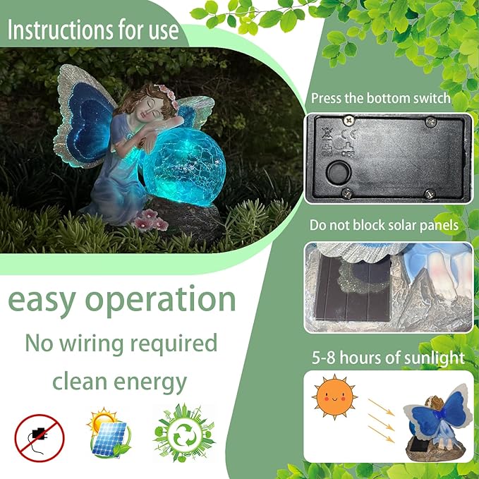 Fairy Garden Statue ，Solar Garden Decor ，Fairy Statue Outdoor with Glass Ball ，Waterproof Outdoor Decor，Suitable for Yard, Lawn ，Ideal for Holiday Giving（Blue）