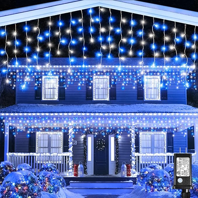 Icicle Lights for Outside, 33FT 400 LED Christmas Lights Outdoor with Waterproof 8 Modes, Plug in Connectable String Twinkle Light for Indoor Home Roof Window Garden Wedding Decorations, Blue White