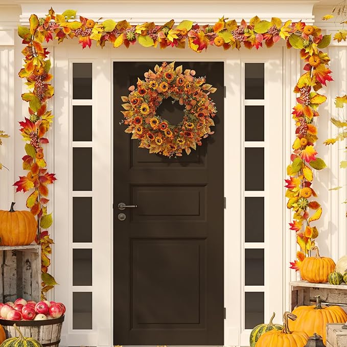 22 inch Artificial Fall Wreaths for Front Door,Autumn Wreath with Eucalyptus Leaves and Chrysanthemum Suitable for Indoor Outdoor Harvest Festival Thanksgiving Day Farmhouse Holiday Decor.