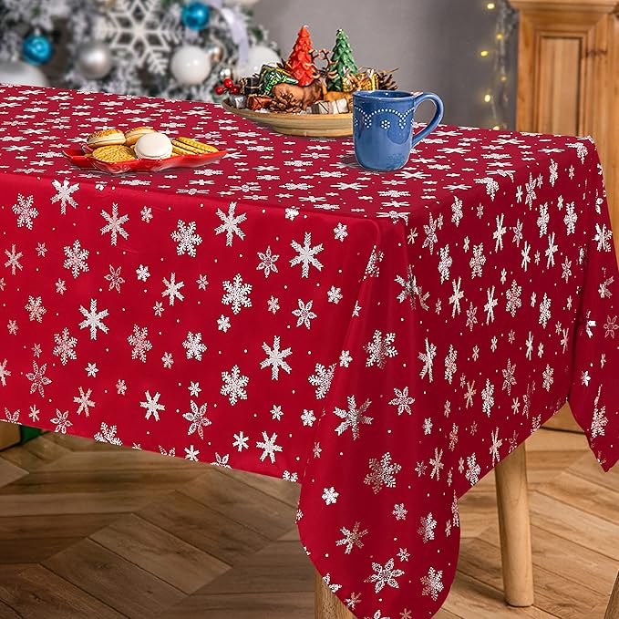 LUSHVIDA Christmas Tablecloth Rectangle - 60x84 inch Snowflakes Foil Print Pattern Washable Wrinkle Resistant Holiday Tablecloths for Christmas Family Gathering, Dining Room Table 130GSM