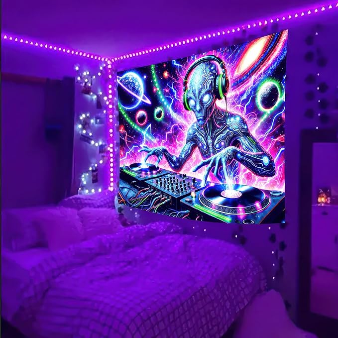 BlissYard Blacklight Cool Alien Tapestry UV Reactive Tapestry 78x59 Inch Black Light Galaxy Planet Tapestry Glowing Tapestry Large Neon Tapestry Wall Hanging for Home Living Room Bedroom Decor