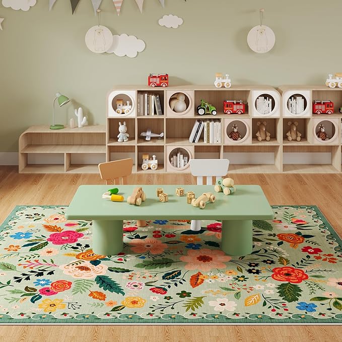 Living Room Rug 6x9 Rug Machine Washable Boho Area Rug Non Slip Floral Vintage Low Pile Large Rug for Living Room, Bedroom, Farmhouse, Dining Room, Kids Playroom(Green)
