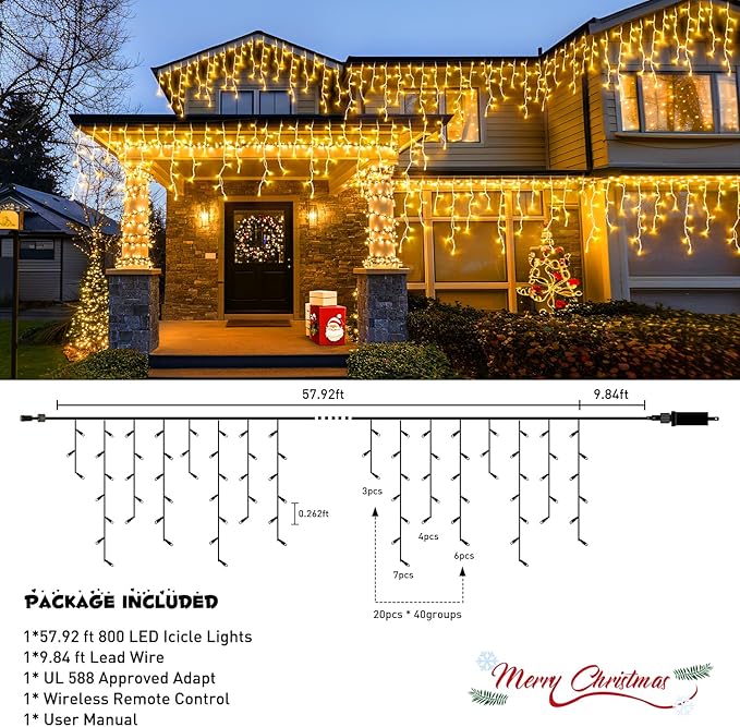 JMEXSUSS Christmas Icicle Lights for Outside-800 LED Warm White Icicle Lights Outdoor Waterproof, Warm White Christmas String Light for House Wedding Party Christmas Decoration