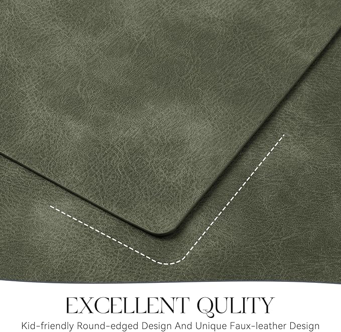 MOSAYT Vinyl Placemats Set of 8-12 X 17 Inch - Faux Leather 100% Waterproof Oil-Proof Wipeable PU Place Mats, Heat Resistant Reversible Table Mats for Kitchen, Dining, Outdoor (Olive Green)