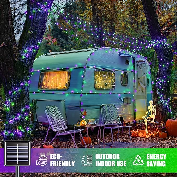 JMEXSUSS Purple and Green Halloween Lights, Total 66 FT 200 LED Solar Halloween Lights Outdoor, 2 Pack Solar Christmas Light Outdoor Waterproof for Yard Garden Tree Decor
