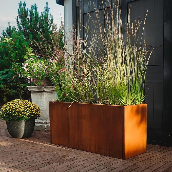 Corten Steel Corner Metal Planter Box Garden Steel Planter Pot for Patio Modern Farmhouse Rustic Design (L32 x W12 x D16, Rusted)