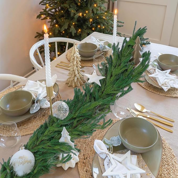 Hananona 9 Ft 2 Pcs Artificial Norfolk Pine Garlands, Realistic Pine Garland, Green Artificial Greenery Garland for Table, Mantle, Wall, Indoor, Outdoor Winter Christmas Decorations (2, 9 FT)