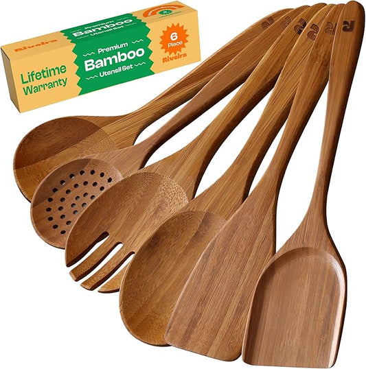 Riveira Brown Bamboo Wooden Spoons for Cooking Set of 6 – Natural Brown Bamboo Wooden Cooking Utensils, Wooden Spatula, Wooden Spoon - Premium Quality Wooden Utensil Set for Non-Toxic Cooking