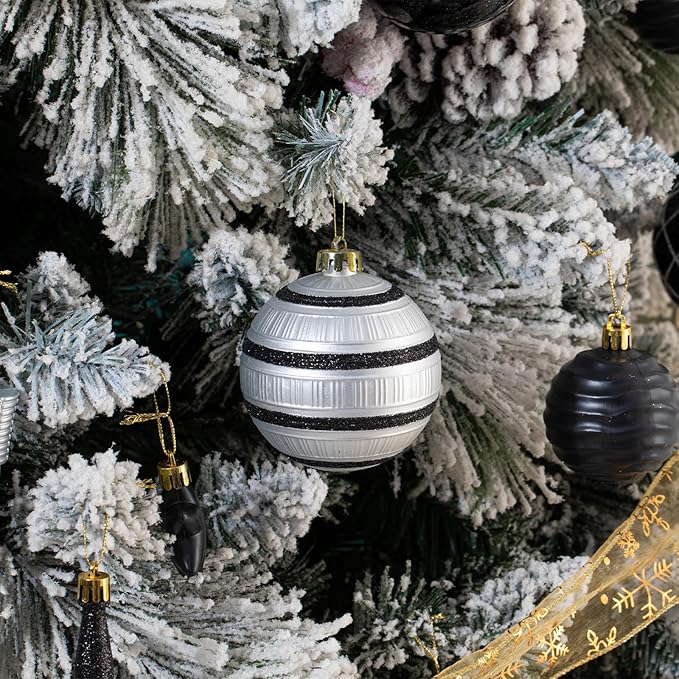 150PCS Black and Silver Christmas Ornaments - Shatterproof Ball Set, Assorted Baubles Hanging Decorations for Xmas Tree, Home, Festival, Party, Wedding