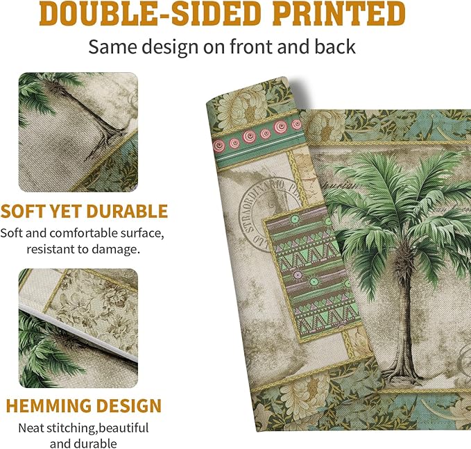 Tropical Palm Tree Placemats Set of 4 Summer Vintage Green Leaf Kitchen Table Mat 12x18 Inch Hawaii Beach Jungle Plant Tree Heat Resistant Washable Linen Place Mats for Dining Tables