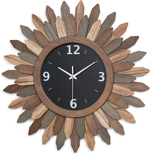 Honiway Large Wall Clock Battery Operated 21 in Rustic Wood Boho Sunburst Decorative Wall Clock Silent Non Ticking Farmhouse Wall Clocks for Living Room Bedroom Kitchen Bathroom Decor (Tricolor)