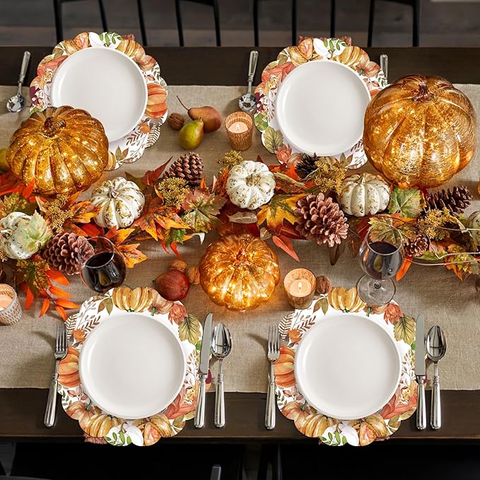 50Pcs Fall Round Paper Placemats,13.4 Inch Autumn Pumpkin Round Table Mats Fall Oval Scalloped Disposable Placemats for Harvest Birthday Thanksgiving Party Supplies