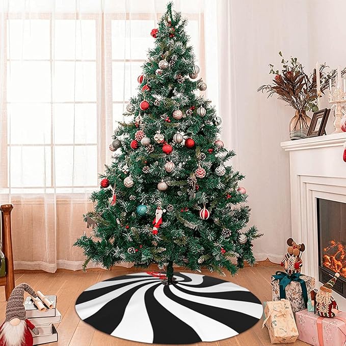 36" Black Sugar Swirl Candy Christmas Tree Skirt, Sweet Peppermint Tree Mat Base Cover for Xmas Festive Holiday Party Decoration Ornaments