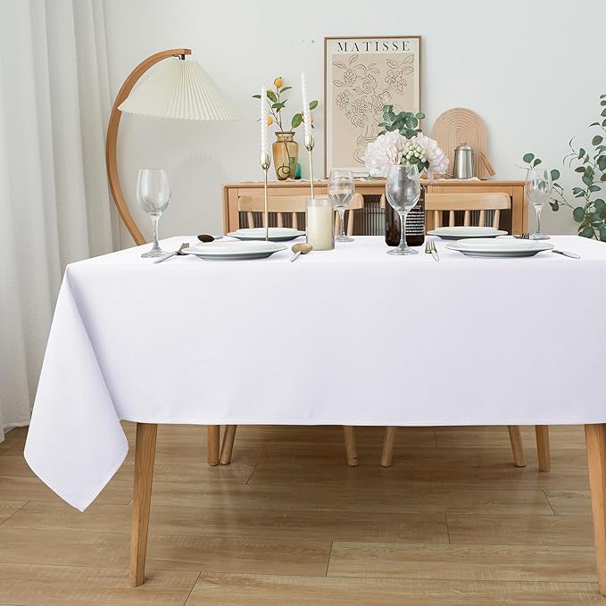Biscaynebay Textured Fabric Tablecloths 90x156 Inches Rectangular, White Water Resistant Tablecloths for Dining, Kitchen, Wedding and Parties etc. Machine Washable