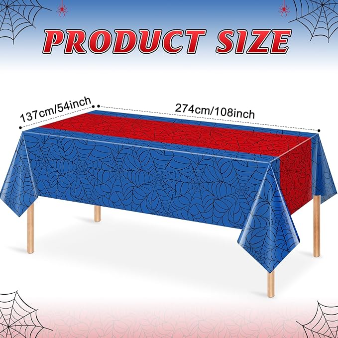 3Pcs Spider Web Themed Birthday Party Tablecloth Decorations,Blue Hero Plastic Table Cover with Red Runner Disposable Rectangle Table Cloth for Baby Shower Kids Boy Birthday Party Supplies,54x108 Inch