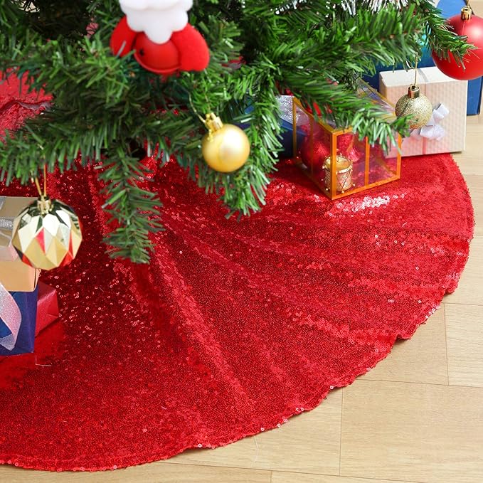 Red Christmas Tree Skirt 36 Inch Sequin Tree Skirt Sparkle Xmas Ornaments New Years Party Decorations