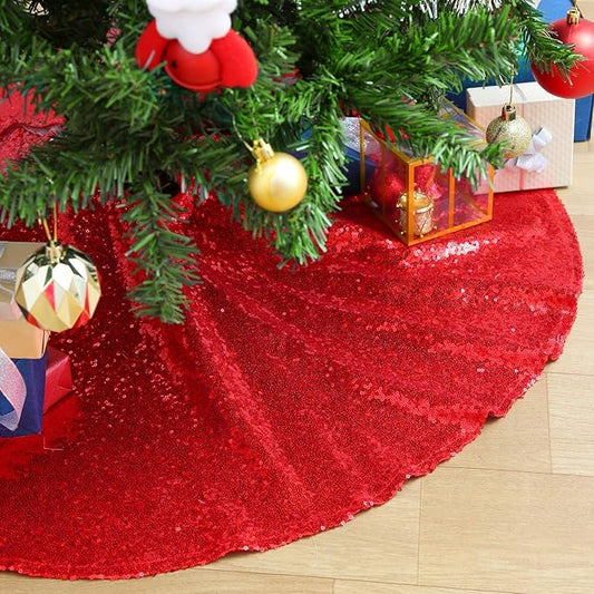 Red Christmas Tree Skirt 36 Inch Sequin Tree Skirt Sparkle Xmas Ornaments New Years Party Decorations
