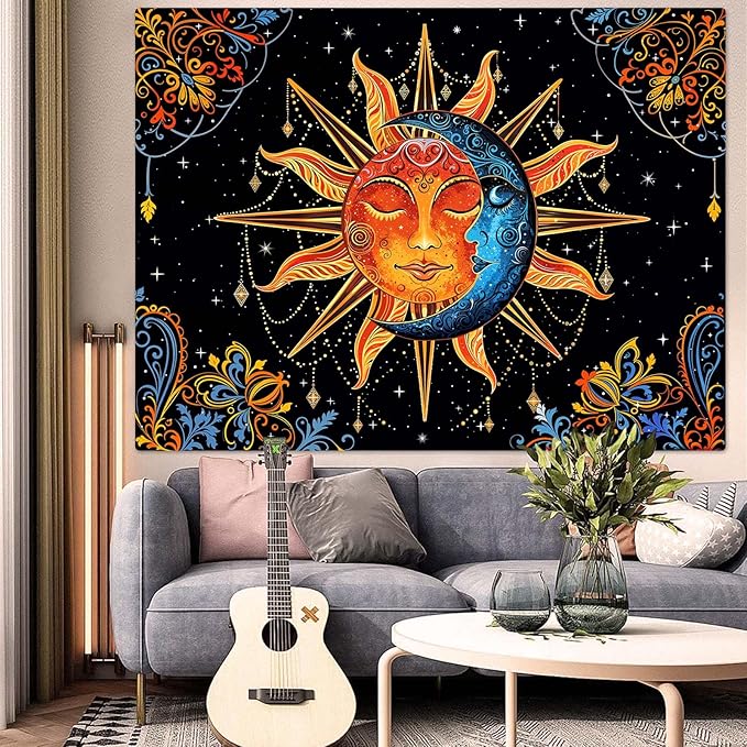 Lunerfex Sun and Moon Tapestry Mandala Wall Tapestry, Cute Tapestries for Bedroom Ceiling Tapestries Wall Hanging for Bedroom Living Room Decor Sun-1 44"x60"
