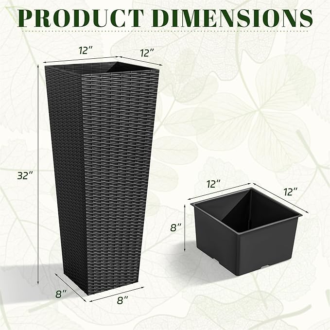 JUMMICO Set of 2 Resin Rattan Tall Planters for Outdoor Plants, Large Tapered Planters with Drainage Holes&Inner Trays, Flower Pots for Garden, Patio, Porch, Backyard (Black, 32'')