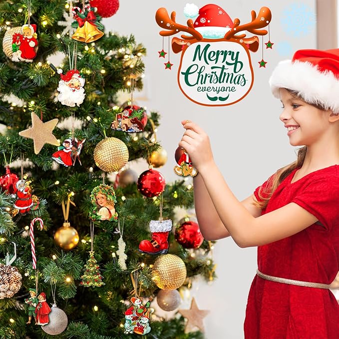 48 Pcs Victorian Style Wood Christmas Tree Ornaments - Hanging Vintage Decorations With Santa Claus and Snowman - Retro Wooden Ornament (Vivid Style)