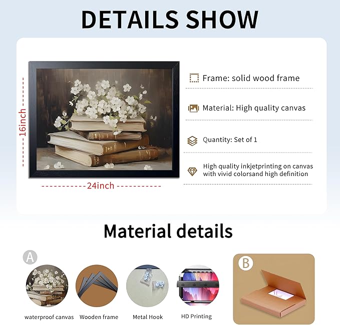 Wood Framed Canvas Poster Print Wall Art, Vintage Floral Book Wall Decor Oil Painting, Dark Academia Room Aesthetics Picture for Bathroom Classroom Dormitory room Decor 16x24 inch