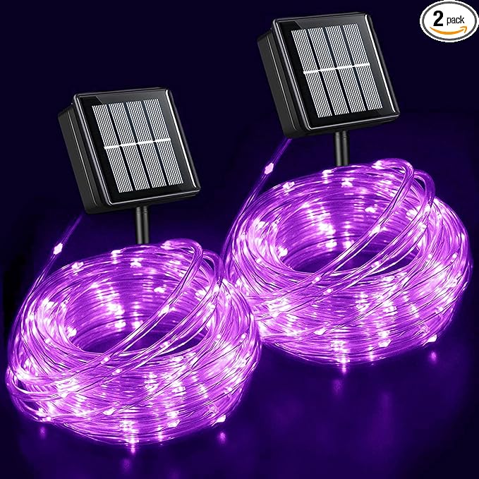 YEGUO 2 Packs Each 33ft 100 LED Solar Rope Lights Outdoor Waterproof, Purple String Lights for Outside, 8 Modes Fairy Lights in Clear Thin Tube for Camping Fence Patio Garden Trampoline Deck