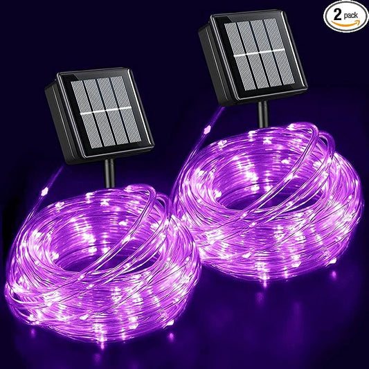 YEGUO 2 Packs Each 33ft 100 LED Solar Rope Lights Outdoor Waterproof, Purple String Lights for Outside, 8 Modes Fairy Lights in Clear Thin Tube for Camping Fence Patio Garden Trampoline Deck