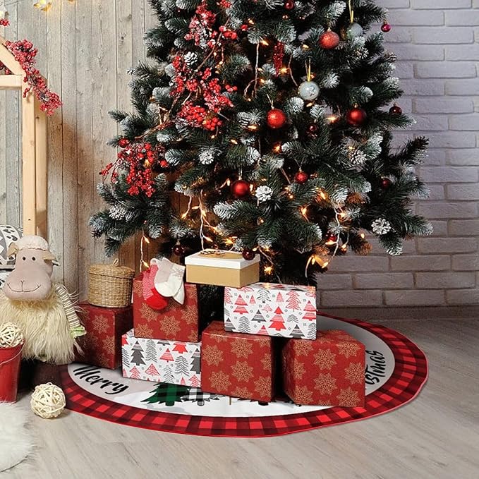 Christmas Tree Skirt 48 Inch Red Rustic Xmas Tree Skirts Mat with Snowflake Design for Merry Christmas Xmas Holiday Party Decorations Indoor Outdoor