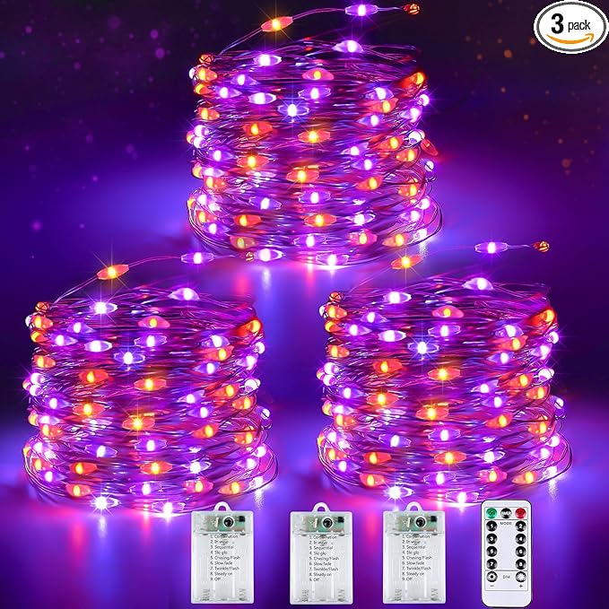 3 Pack 78 FT 240 LED Fairy Lights Battery Operated with Remote & Timer, Orange and Purple Halloween String Lights 8 Modes Waterproof Twinkle Lights for Indoor Outdoor Halloween Party Home Decorations