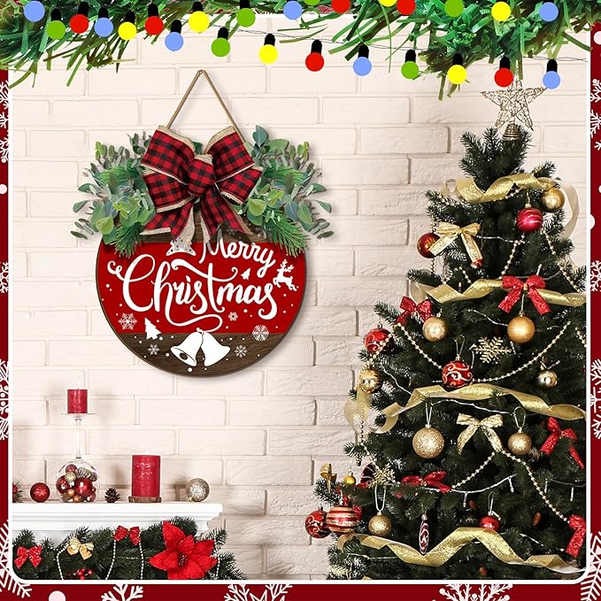 Boao Welcome Door Decoration christmas front door sign red merry christmas Snowflake Wooden Door Hanger with bow Wreaths for Christmas Outdoor Farmhouse Porch Front Door Decor